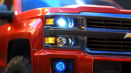 Fototapete - Rugged Red Pickup Truck Close Up, Headlight Detail, Showroom Shine, Metallic Paint.