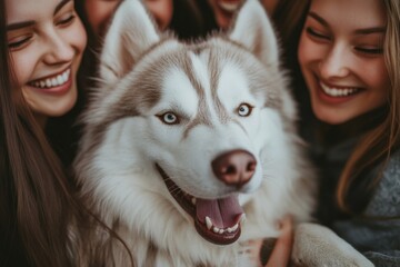 Wall Mural - happy friends enjoying time with a playful husky in a cozy indoor setting