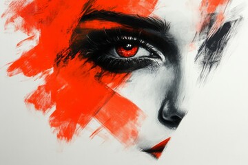 Poster - Striking portrait of a woman with bold red and black artistic expression showcasing intense gaze
