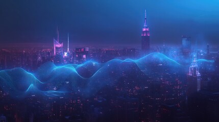 Aufkleber - Neon Cityscape Data Wave, Night, Urban, Futuristic
