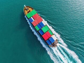 Poster - Aerial top view of cargo ship contrail in the ocean sea ship carrying container and running for export from container international port freight shipping by ship service