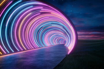Poster - Pulsating neon tunnel where each ring converges into a single radiant focus in the distance,