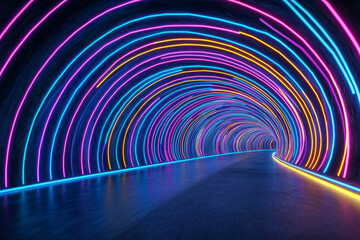 Poster - Pulsating neon tunnel where each ring converges into a single radiant focus in the distance,
