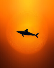 Poster - Mesmerizing whale silhouette gracefully gliding through overlapping rings of expanding sonic waves,