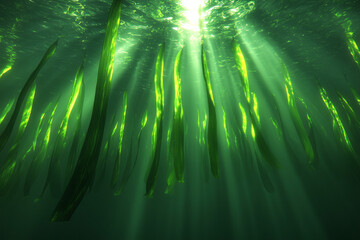 Poster - Sprawling kelp forest gently moving with a subtle tide accented by luminescent outlines,