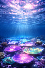 Poster - Vibrant coral reef scene pulsing in time with a soft glowing current that traverses the seafloor,