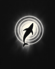 Poster - Mesmerizing whale silhouette gracefully gliding through overlapping rings of expanding sonic waves,