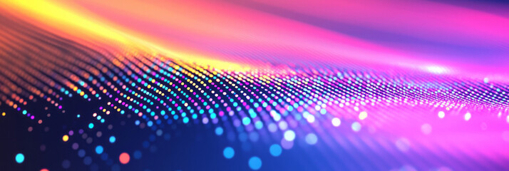 Poster - Overlay of glitchy digital waves intersecting with analog static in neon rainbow shades,