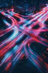 Poster - Mesmerizing aerial view of a busy intersection painted by neon streaks of vehicle lights moving in