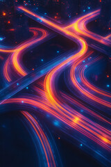 Poster - Mesmerizing aerial view of a busy intersection painted by neon streaks of vehicle lights moving in