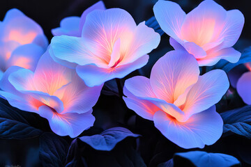 Fototapete - Surreal arrangement of neon-lit flowers in a dark botanical garden, each petal pulsating with