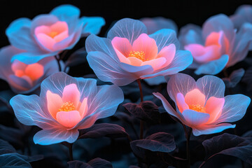 Fototapete - Surreal arrangement of neon-lit flowers in a dark botanical garden, each petal pulsating with