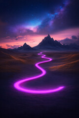Poster - Sinuous neon river snaking through an arid desert under a starry sky, glowing like liquid