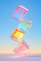 Poster - Surreal stack of partially transparent cubes bending in a serpentine shape, catching refracted
