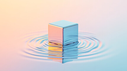 Poster - Close-up of a cube emerging from a liquid metal surface, forming geometric ripples that scatter
