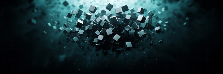 Poster - Drone-like vantage of a deep chasm filled with tessellated cubes, appearing to surge upward like a