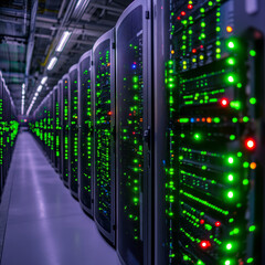 Poster - A labyrinth of large, towering servers from the 90s era, each cabinet lit by pulsing green
