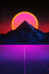 Poster - Vaporwave-inspired composition of an old-school laptop against a neon grid background, halfway