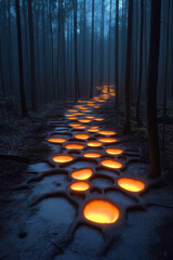 Poster - Bioluminescent honeycomb-like structure emerging from a dimly lit forest floor, each cell glowing