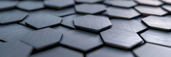 Poster - Abstract close-up of layered metal sheets arranged in precise hexagon grids, hinting at an
