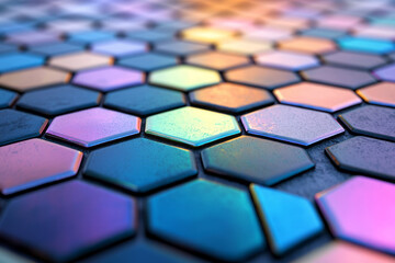 Poster - Vast expanse of interlocking hexagonal tiles reflecting soft gradient hues under a gentle beam of
