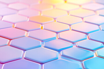 Poster - Vast expanse of interlocking hexagonal tiles reflecting soft gradient hues under a gentle beam of