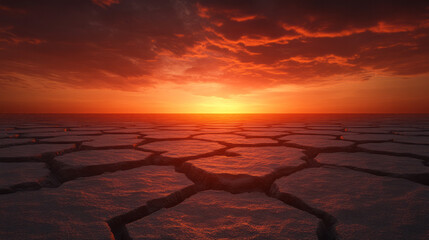 Poster - Surreal desert scene where giant hexagon-shaped cracks form geometric pathways across the sand,