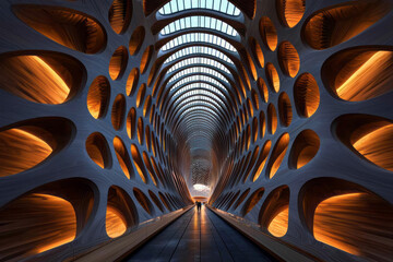 Poster - Towering honeycomb-like architecture wrapping around a central atrium filled with natural sunlight,