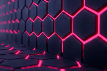 Poster - Futuristic wall of interlocking crimson hexagonal tiles illuminated by glowing red veins running