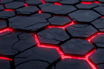 Poster - Futuristic wall of interlocking crimson hexagonal tiles illuminated by glowing red veins running