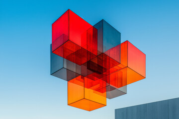 Poster - Bold architectural structure featuring stacked red glass hexagons, catching golden-hour light in