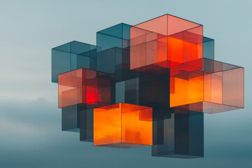 Poster - Bold architectural structure featuring stacked red glass hexagons, catching golden-hour light in