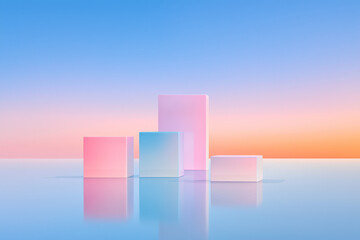 Poster - Expansive landscape of pastel pink cubes emerging from a calm blue plane, forming a gently