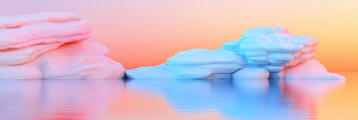 Poster - Low-poly canyon composed of interlocking pink and azure blocks, partially submerged in a still,
