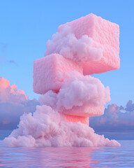 Poster - Surreal arrangement of floating cubic islands in soft pink hovering over a luminous azure sea,
