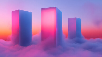 Poster - Dreamlike panorama of towering blue cubes, with swirling pink mist weaving through the gaps like a