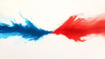 Poster - Abstract collision of deep red arcs and bright blue splashes, forming a dynamic, high-contrast