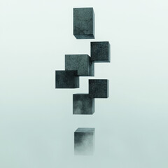 Poster - Fractured digital sculpture of interlinked cubes suspended amid swirling dust motes on a light