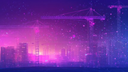 Poster - Night city construction cranes, neon glow, digital particles, urban development