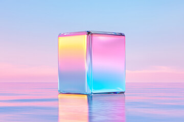 Aufkleber - Transparent, glassy cube on the verge of exploding into tiny angular polygons, floating serenely