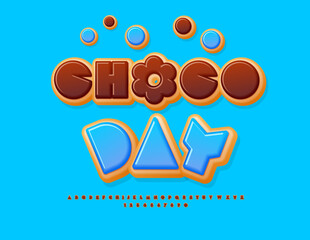 Wall Mural - Vector Sweet label Choco Day with Cute Decoration. Chocolate glazed Font. Decorative Alphabet Letters and Numbers set.