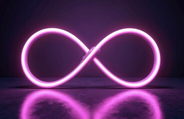 Aufkleber - Glowing purple infinity symbol on dark reflective surface, eternity, limitless possibilities. Abstract neon light design. Modern 3D rendering illustration with copy space. Tech, crypto, AI concepts.