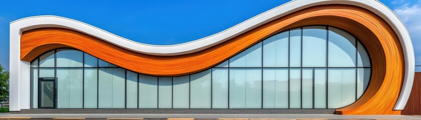Poster - Curved wooden and glass facade of a modern architectural building in urban environment