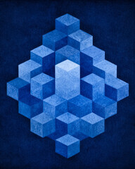 Leinwandbilder - Lightly textured navy backdrop intersected by shimmering turquoise cubes, each positioned with