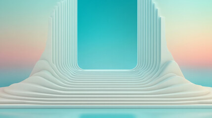 Poster - Expansive perspective of descending cubic steps in cool aqua tones, framed by a digital wireframe