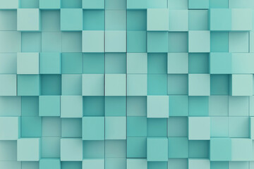 Poster - Contemporary design with blocks of muted teal cubes stacked atop a delicate grid, combining flat