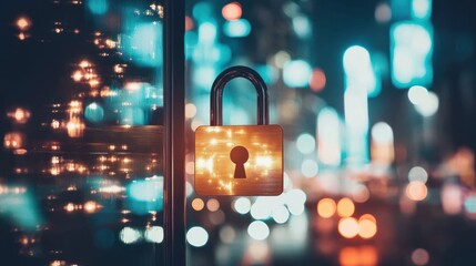 Poster - night city padlock security glowing urban glass