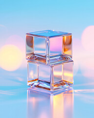Aufkleber - Cinematic perspective of stacked cubes on a reflective surface, each cube radiating a soft inner