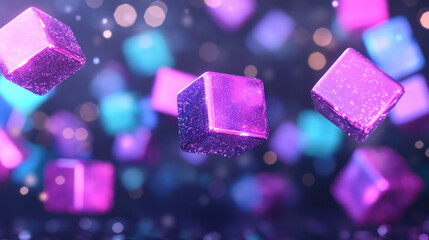 Aufkleber - Vibrant teal and purple cubes twisting around each other, illuminated by swirling bokeh sparkles