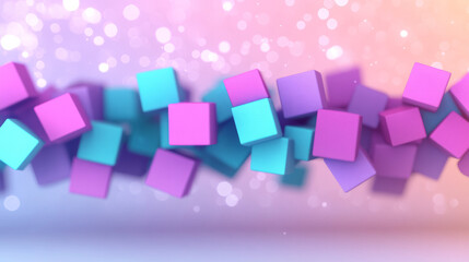 Poster - Vibrant teal and purple cubes twisting around each other, illuminated by swirling bokeh sparkles